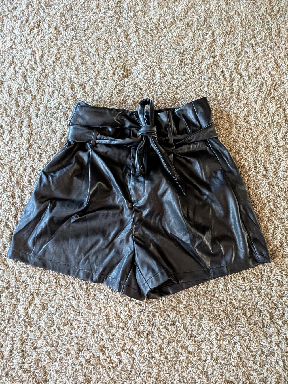High-Waist Faux Leather Tie-Belt Shorts in Black